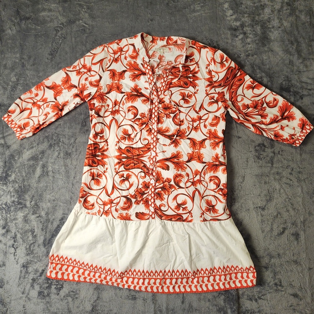 Lina Tomei Women Orange White Floral Damask Tunic Dress Tie Neck Size L